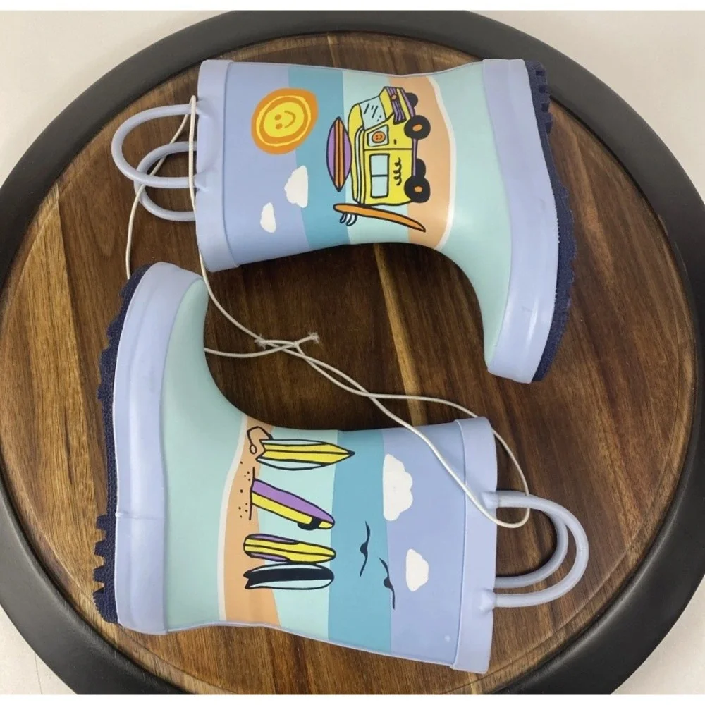 NEW Cat & Jack Rain Boots Kids Size 8 Blue Beach Surfboard Pull On Rubber Boots